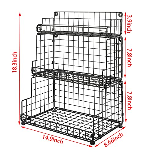 Stackable Wire Basket 3 Tier Countertop& Wall Mounted Metal Storage Basket for Kitchen Pantry Cabinet, Muti-functional Open Front Bin Organizer for Food Fruit Snack, Black - view 6