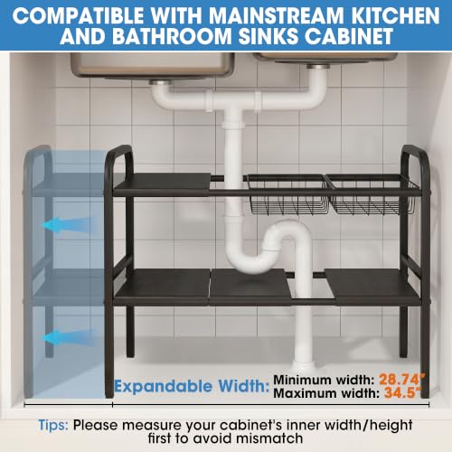 Expandable 2 Tier Under Sink Organizer, Black, 28.74-34.5 Inch Width - view 3