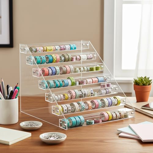 2 Pack Christmas 7 Tier Washi Tape Organizer, Clear Plastic Washi Tape Storage Rack, Assembly Storage Holder Dispenser Desk Accessories Display Caddy for Art Craft Supplies - view 3