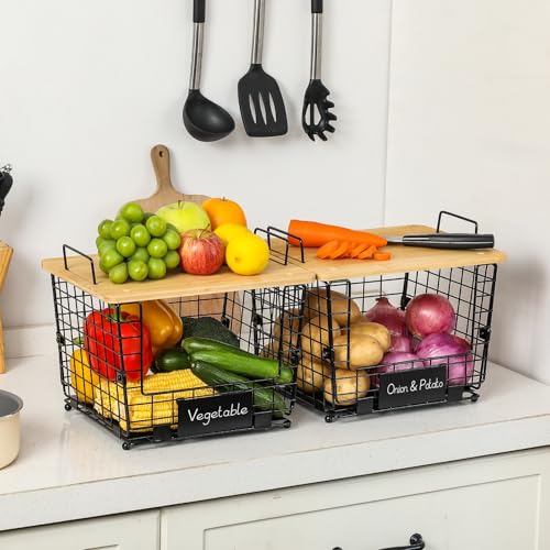 2 Set Large Stackable Wire Basket with Bamboo Tops & Tag- Pantry Organizer and Storage Bins, Kitchen Counter Cabinet Shelf Countertop Under Sink Organizing for Food Snack Produce Onion Potato Bread - view 5