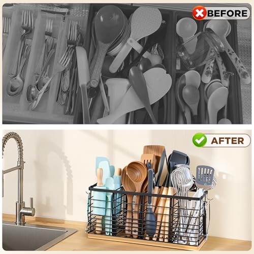 4 Compartments Extra Large Kitchen Utensil Holder with Wooden Base, Metal Organizer for Kitchen Countertop, Matte Black Cooking Utensils Holder with 4 Hooks for Tools Storage - view 4