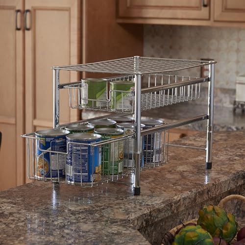 Free Standing Two Basket Sliding Cabinet Organizer with Metal Frame, Silver Finish - view 2