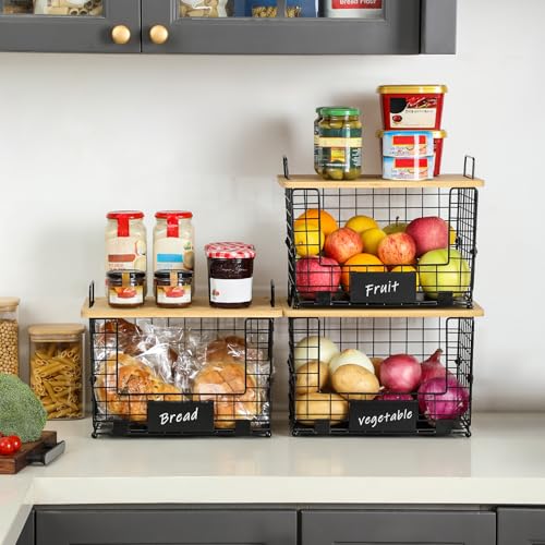 2 Set XL Stackable Wire Basket with Bamboo Tops & Tags- Pantry Organizer and Storage Bins, Kitchen Counter Cabinet Shelf Countertop Under Sink Organizing, Food Snack Produce Onion Potato Bread Storage - view 3