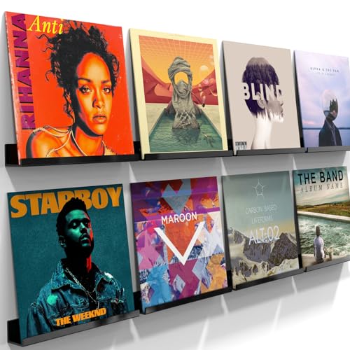 Acrylic Vinyl Record Holder Wall Mount – 8 Pack 12-Inch Floating Vinyl Shelves, Black Record Display Frames for LP Albums & Wall Decor
