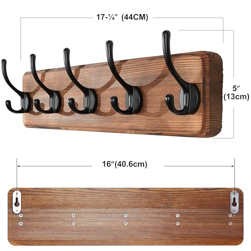 Rustic Coat Rack Wall Mount, 5 Hooks, 17 Inch, Solid Wood, Brown - view 6