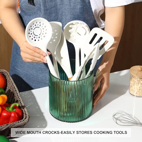 Green Utensil Holder, 6.3" Glass Kitchen Utensil Holder for Countertop, Large Cooking Utensil Holders for Kitchen Counter, Utensil Crocks for Farmhouse Decor - view 4