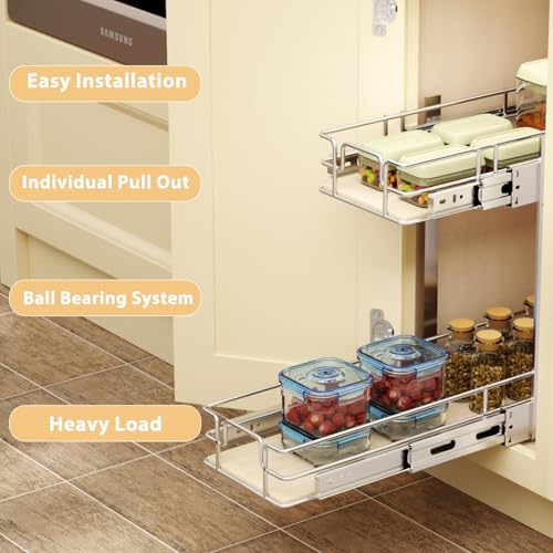 2 Tier Individual Pull Out Cabinet Organizer 7½"W x 21½"D, Slide Out Wood Shelves Organizers, Pull Out Drawers Organization and Storage for Kitchen Cabinet - view 5