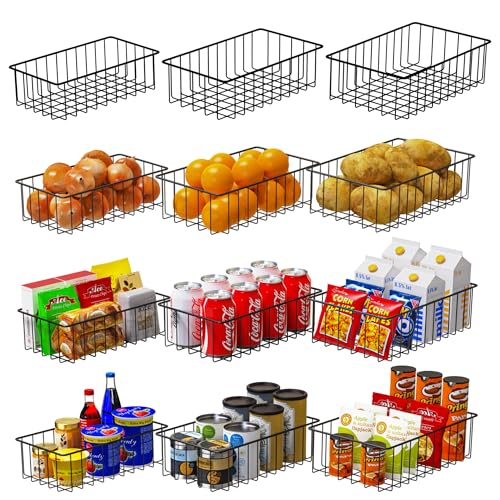 12 PACK (3 Szie) Small Wire Storage Baskets for Organizing,Pantry Organization Bins for Cabinets, Metal Basket for Kitchen, Bathroom Organizer (Black)