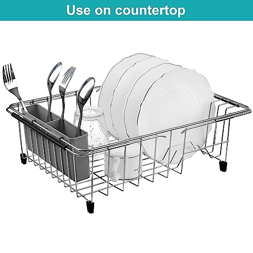 Expandable Multifunctional Dish Drying Rack, Over The Sink, in Sink Or On Counter Dish Drainer Basket Organizer Shelf with Removable Grey Utensil Silverware Holder, Rustproof Stainless Steel - view 3