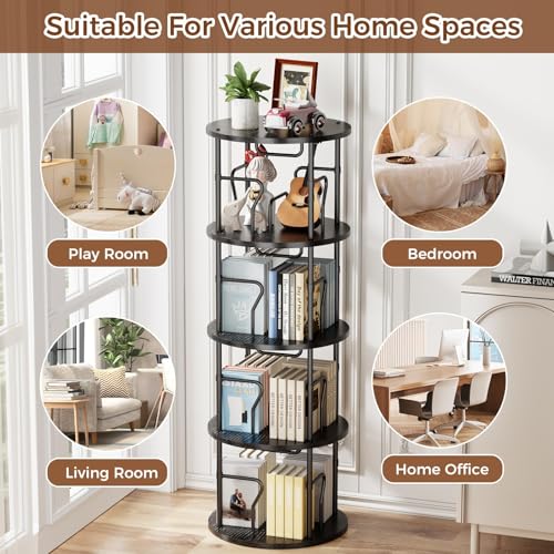 4 Tier Rotating Bookshelf Tower, 360° Display Round Bookcase, Floor Standing Corner Revolving Bookshelf Organizer Storage Rack for Small Spaces, Home Study Office, Black - view 5