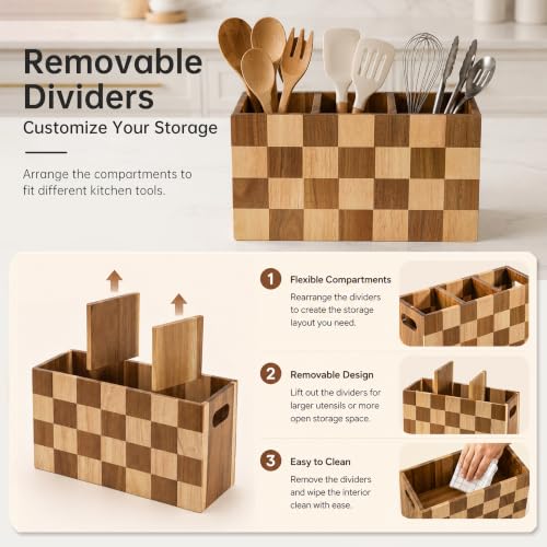 Kitchen Utensil Holder, 3 Compartment Large Wooden Utensil Organizer - view 5