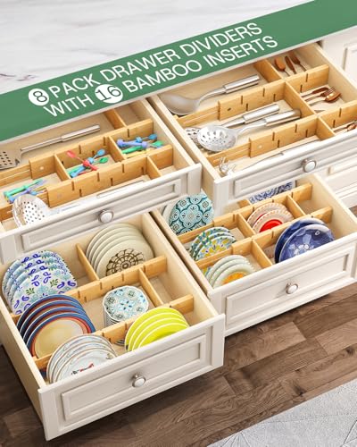 Bamboo Drawer Dividers - Adjustable Drawer Dividers for Kitchen, Clothes, Closet & Office - 8 Pack with Inserts, 13.8-18.8 Inches, Non-Slip Silicone Ends - view 3