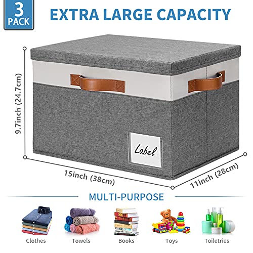 Storage Bins with Lids 3 Pack, Large Storage Baskets with Lids and Label, Foldable Fabric Storage Boxes with 3 PU Handles for Organizing Shelves Home Nursery Office (Grey, 15x11x9.6) - view 2