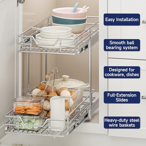2-Tier Pull Out Cabinet Organizer, 10.5" W x 18" D, Heavy Duty Dual Slide Out Shelves for Narrow Base Cabinets, Chrome Wire Basket Drawer for Spices, Bottles & Snacks - view 4