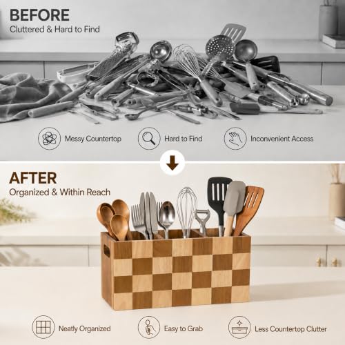 Kitchen Utensil Holder, 3 Compartment Large Wooden Utensil Organizer - view 7
