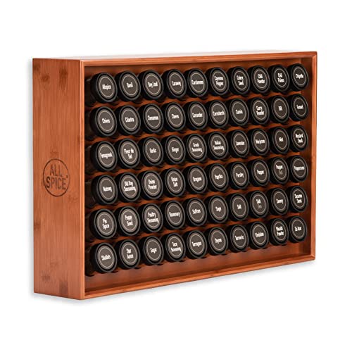Spice Rack Organizer, Wood, 525 Unique Labels, Countertop or Wall Mount, Includes 60 4oz Jars- Cherry Stain
