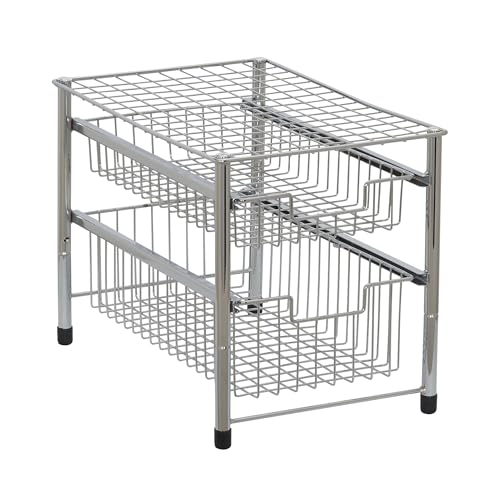 Free Standing Two Basket Sliding Cabinet Organizer with Metal Frame, Silver Finish
