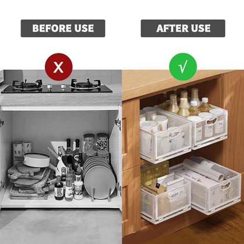 Sliding Cabinet Basket Organizer Drawer Self Adhesive Slide out Pantry Shelves Heavy Duty Carbon Steel Slide Cabinet Storage Basket with Handle for Bathroom Kitchen Home - view 3