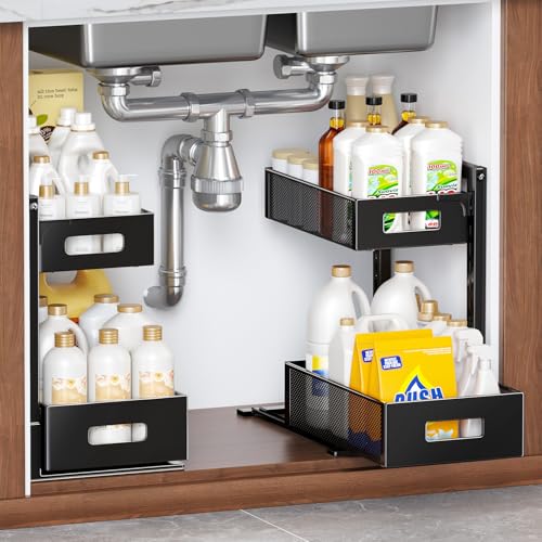Under Sink Organizer, Metal Under Sink Organizers and Storage, Slide Out Pull Out Cabinet Organizer for Kitchen, Bathroom, Pantry, Laundry, Study, Black