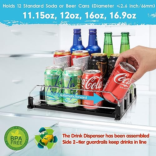 Drink Dispenser for Refrigerator, Self-Pushing Soda Can Organizer for Fridge, 3 Rows has been Assembled, Automatic Can Organizer with Spring Loaded for Refrigerator Holds 12 cans, Black - view 2