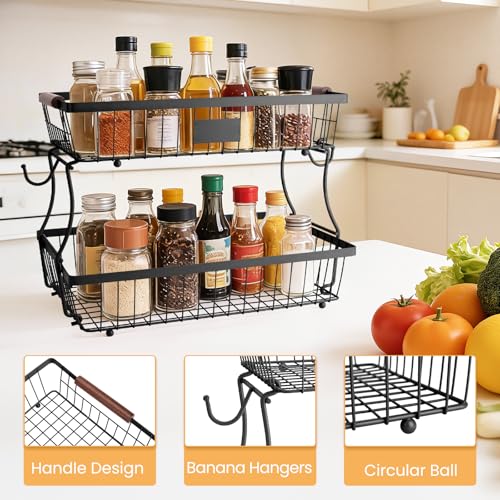 2-Tier Stackable Wire Basket with 2 Banana Hooks, Pantry Organizer for Kitchen Countertops, Cabinets & Under-Sink Spaces; Ideal for Storing Snacks, Fruits, Veggies, Onions, Potatoes, & More,Black - view 6