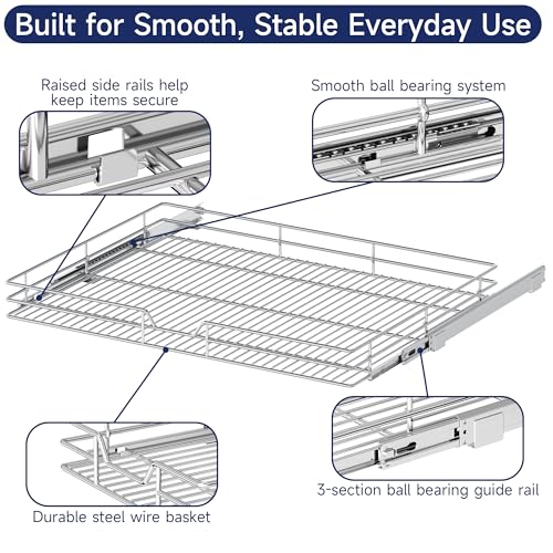Pull Out Cabinet Organizer, 30" W x 21.5" D, Heavy Duty Chrome Slide Out Shelf for Wide Base Cabinets, Sliding Wire Basket Drawer for Pots, Pans, Appliances & Pantry Storage - view 5