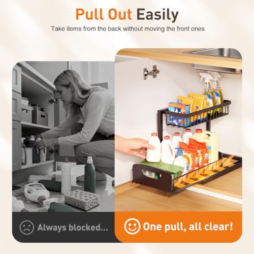 Under Kitchen Sink Organizer, Metal Pull Out Bathroom Organizers and Storage, 2-Tier Cabinet Organizer Shelf with Sliding Drawer, Home Organization for Kitchen, Laundry, Pantry, Brown, 2 pack - view 4