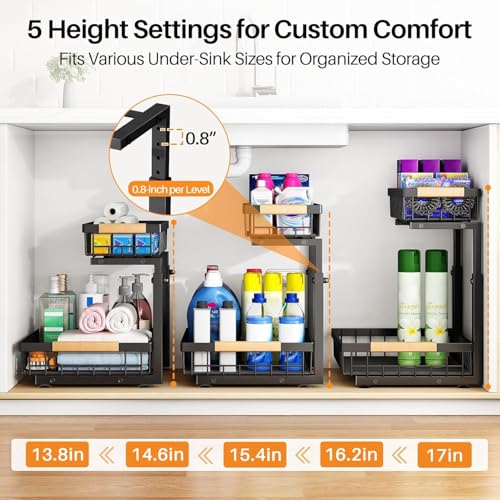 Under Sink Organizer, Adjustable Height, 2 Tier Pull Out Under Cabinet Organizer, Slide Out Thickened Metal Under Sink Storage for Kitchen Bathroom Laundry Pantry Cabinet, Black, Small-2-Pack - view 5