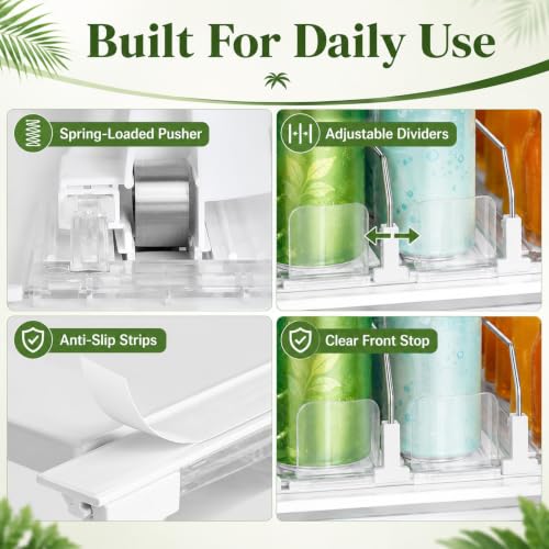 Drink Organizer for Fridge, Adjustable Width Soda Can Dispenser for Refrigerator Organizers and Storage, 3 Rows Beer Bottle Beverage Holder with Pusher Glide (14.96" D, White) - view 5