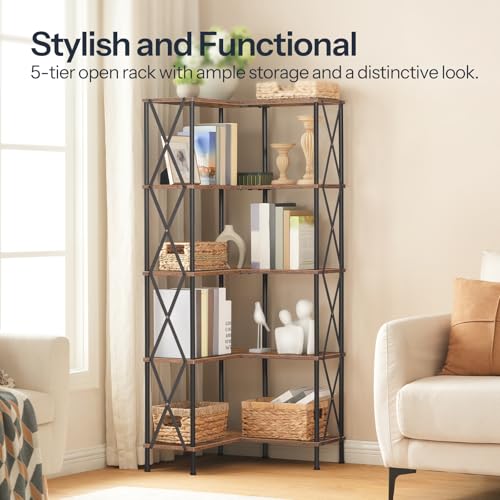 Corner Bookshelf, 5-Tier L-Shaped Bookcase, Industrial Open Display Shelf Tall Storage Organizer, Vertical Storage Rack, for Living Room, Home Office, Rustic Brown and Black BF60SJ01 - view 6