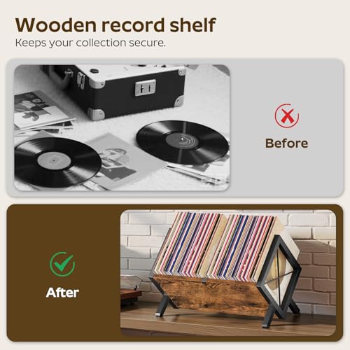 Vinyl Record Holder, Record Storage Rack Holds 80-100 LP，Wooden and Metal Record Organizer, Quick Assembly Magazine Holder for CDs, Magazine, Albums, Rustic Brown and Black CJ06BR - view 6