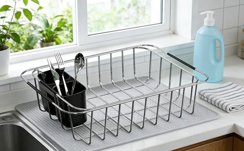 Dish Rack Utensil Holder, Hanging Cutlery Drainer Caddy with Hooks, 2 Compartment Flatware Organizer for Forks, Spoons, Knives, Fits Over Most Dish Drying Racks, Black - view 5