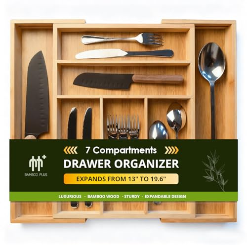Premium Bamboo Kitchen Drawer Organizer, Perfect for Storing Cutlery, Silverware, and Gadgets, Suitable for Kitchens, Living Rooms, and Bedrooms, 5-7 Compartments, 13 to 19.6 Inches Wide