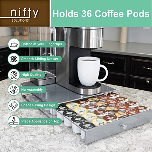 Nifty Coffee Pod Drawer - Silver Finish, Compatible with K-Cups, 36 Pod Pack Holder, Non-Rolling, Compact Under Coffee Pot Storage Sliding Drawer, Slim Home Kitchen Counter Organizer - view 5