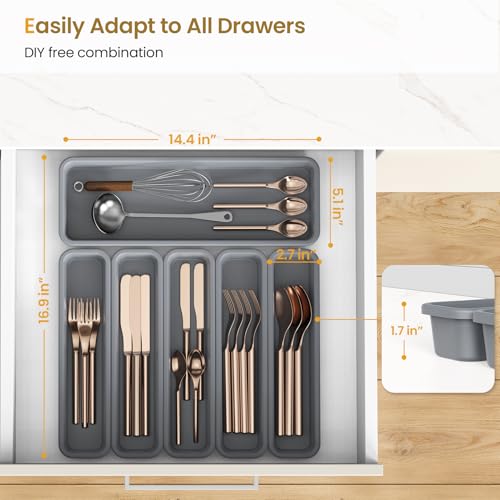 6 Pack Silicone Kitchen Drawer Organizer, DIY Combination Silverware Utensil Tray, Water Repellent, Anti-slip, Heat Resistant to 200°C (Grey) - view 3