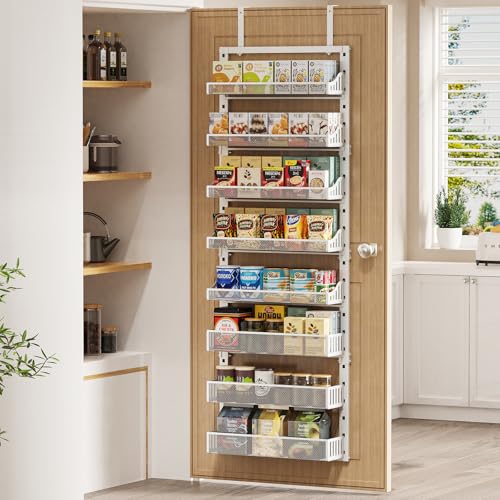 Over the Door Pantry Organizer 8-Tier, Large Metal Door Spice Rack with Adjustable Basket, 2 in 1 Wall Mount or Hanging Heavy-Duty Pantry Door Storage Shelf for Kitchen and Bathroom, White - view 2
