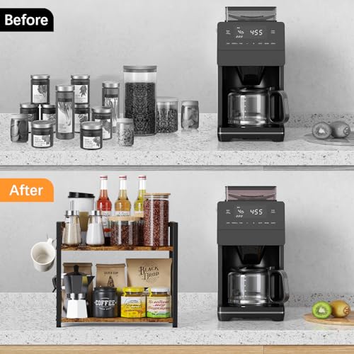 2 Tier Kitchen Counter Shelf Organizer, Coffee Bar Station Organizer for Countertop，Space Saving Spice Rack, Desk Shelf Riser, Coffee Bar Accessories(Rustic Brown, Medium) - view 6