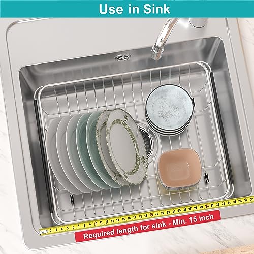 Expandable Dish Drying Rack Organizer and Utensil Cutlery Holder, 304 Stainless Steel Over Sink Dish Rack, Dish Drainer in Sink or On Counter, Rustproof - view 4