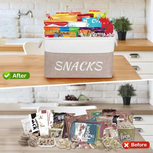 Snack Organizer for Pantry, Decorative Snack Basket with 10pcs Chip Clips, Snack Organizer for Desktop, Collapsible Snack Storage Basket Shelf, Office, Kitchen and More (Beige, Medium-2 Pack) - view 4