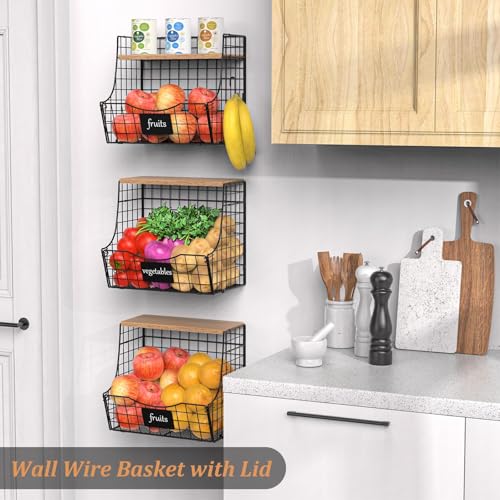 3 Pack wire Fruit Basket for Kitchen with Wood Lid - Counter&Wall Mounted Onion and Potato Storage with Nameplate, Hanging Baskets for Vegetable,11.81 * 10.63 * 8.66 Inch - view 6