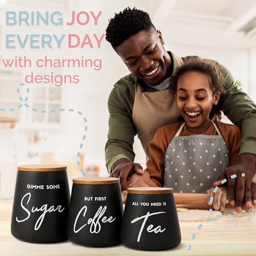 Modern Coffee Tea Sugar Container Set, 3pc Ceramic Storage Jar, Matte Black - view 5