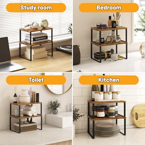 Kitchen Cabinet Organizer Shelf Set of 4, Sturdy Kitchen Counter Shelves with Metal Legs, Stackable Expandable Wood Spice Rack Pantry Cupboard Dish Mug Cup Storage Organizer Shelf, Rustic Brown - view 6