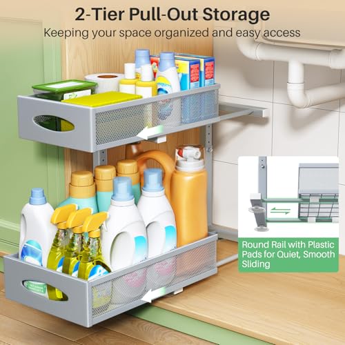 Under Sink Organizer, 2 Pack 2 Tier Pull out Cabinet Organizer Baskets with Mesh Sliding Drawers, Slide out Sink Storage Shelves for Home, Kitchen, Bathroom, Pantry, Office Organizers and Storag,Grey - view 3