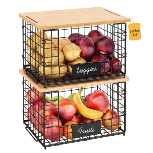 2 Pack Stackable Wire Baskets with Bamboo Top,Pantry Organizers Counter
