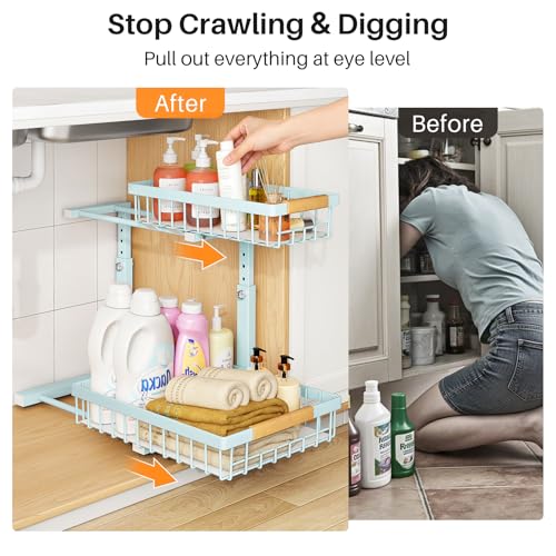 Under Sink Organizer, Adjustable Height, 2 Tier Pull Out Under Cabinet Organizer, Slide Out Thickened Metal Under Sink Storage for Kitchen Bathroom Laundry Pantry Cabinet, Blue, Large-1-Pack - view 3