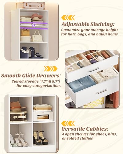 22" Closet System with Drawers, Small Closet Organizer for Walk in Closet, Wardrobe Storage Unit with Storage and Shelves, White - view 4