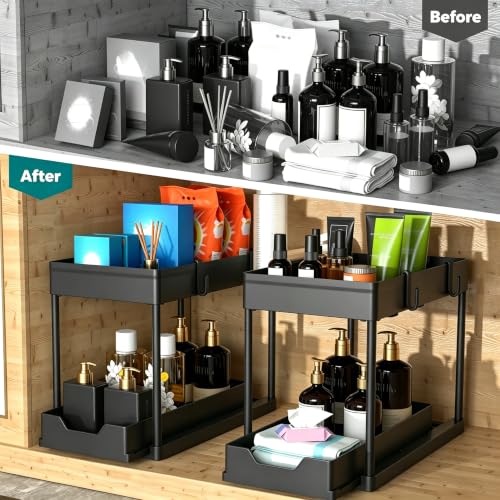 Under Sink Organizer 2 Pack, Bathroom Cabinet Organizer, 2 Tier Sliding Cabinet Basket Organizer Drawer, Multi-Purpose Bath Collection Baskets for Bathroom (Black) - view 4