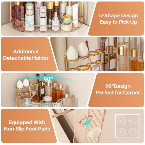 Corner Bathroom Counter Organizer with Makeup Brush Holder & Toothbrush Holders, Makeup Organizer for Vanity Countertop, Acrylic Skincare Storage Shelf (Amber, 3-Tier) - view 4