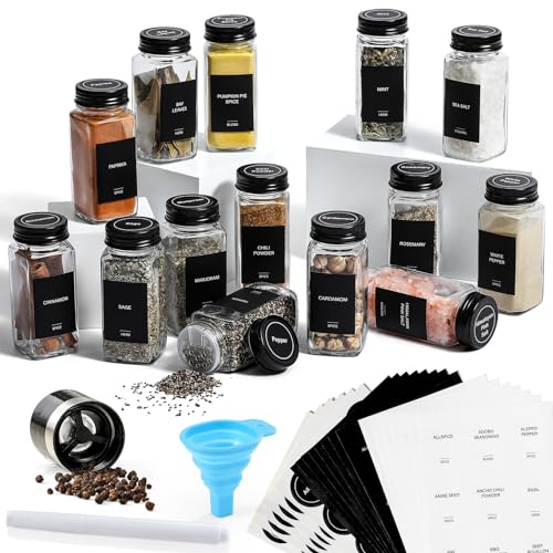 14 Pcs Glass Spice Jars with Black lids - 4oz Empty Square Spice Bottles and Spice Labels - Black Shaker Lids and Airtight Metal Caps - Silicone Collapsible Funnel Included