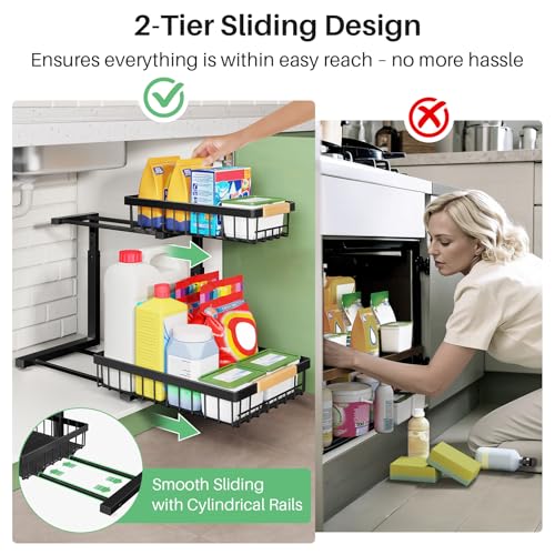 Under Sink Organizer, 2 Tier Under the Sink Storage, Slide out Pull out Cabinet Organizer Shelf, Metal Sliding Drawer for Kitchen Bathroom Pantry Closet Organization Rack, Black, 2 Pack - view 6